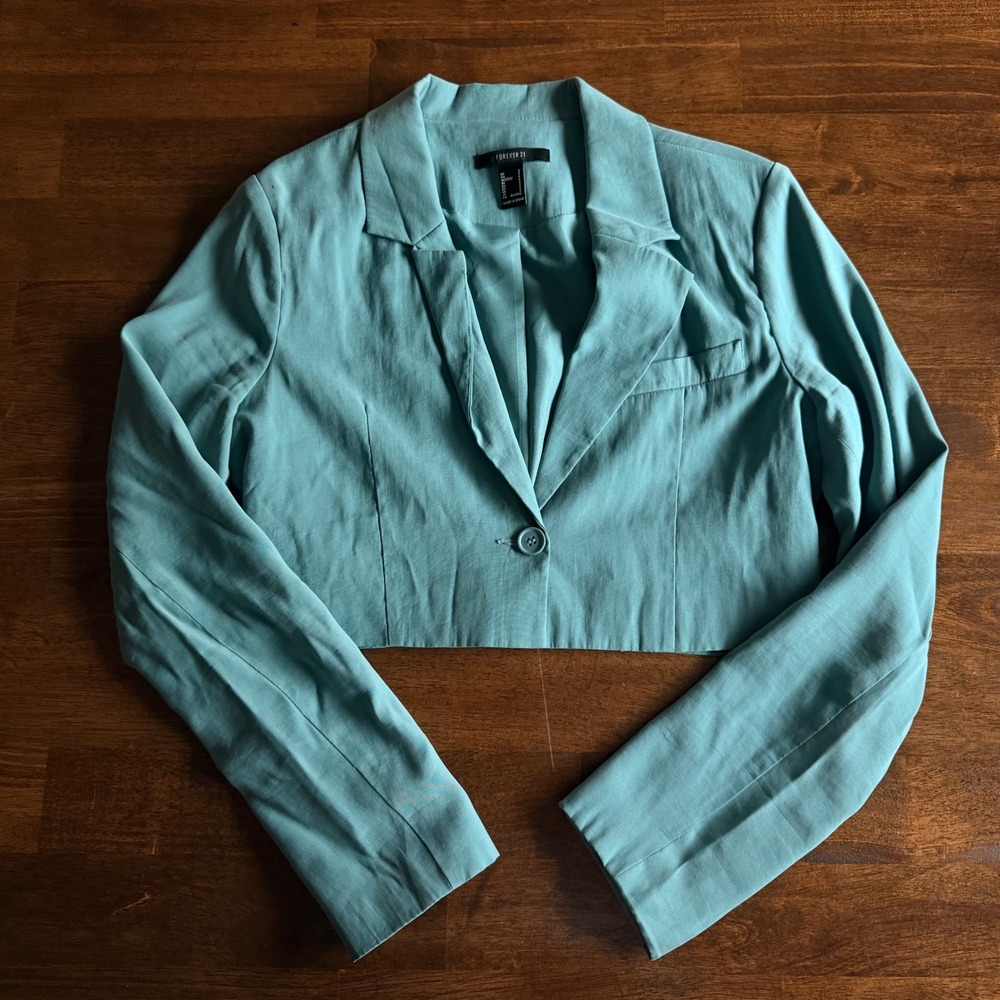 Forever 21 Womens Cropped Blazer Jacket Teal Single Button Size Small